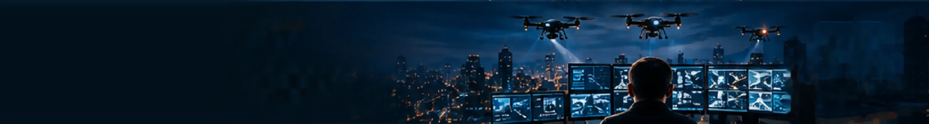 Operador monitoreando una ciudad con drones y cámaras conectadas