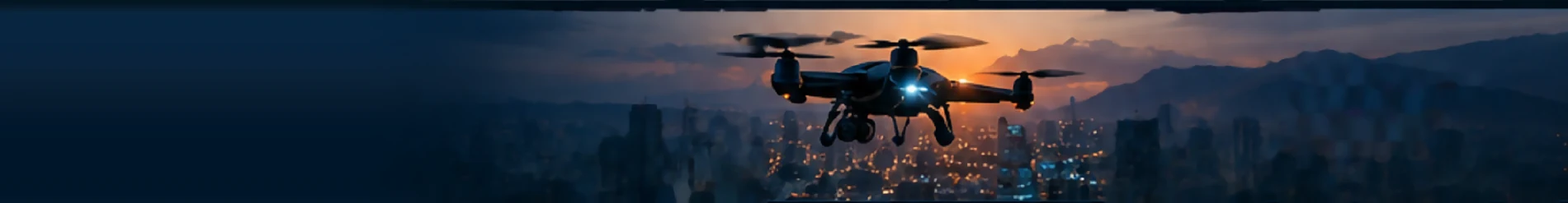 Dron sobrevolando una ciudad al atardecer