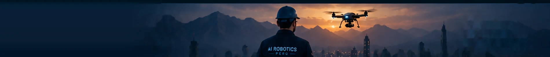 Ingeniero y dron sobre la ciudad al atardecer
