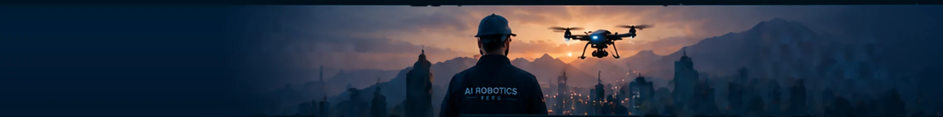 Ingeniero y dron sobre la ciudad al atardecer