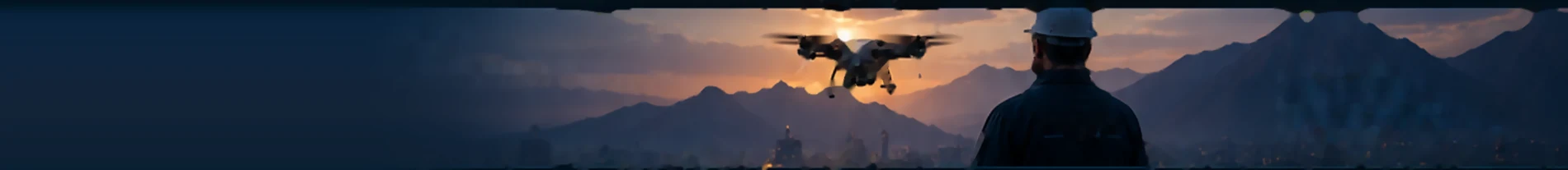Ingeniero observando un dron sobre la ciudad al atardecer